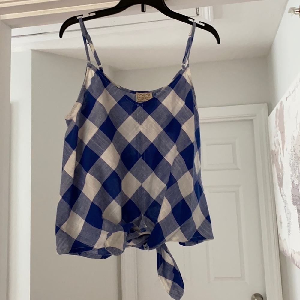 Blue and white plaid tank top with tie
